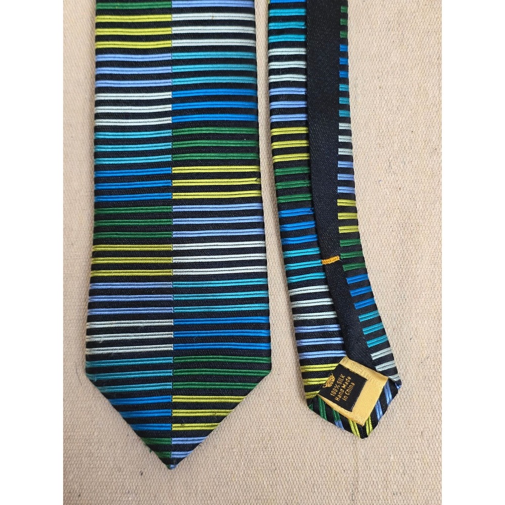Countess Mara Mens Silk Tie Blue Green Yellow Black Striped Handmade Necktie - Picture 3 of 8